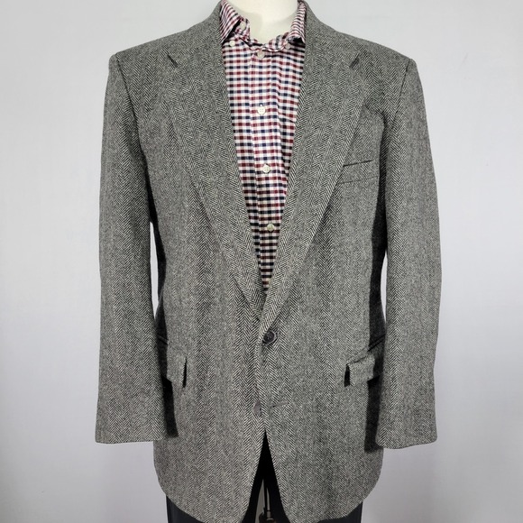 Barrington Men's Tweed Sport Coat Blazer‎ Two Button Herringbone Gray Wool 46R